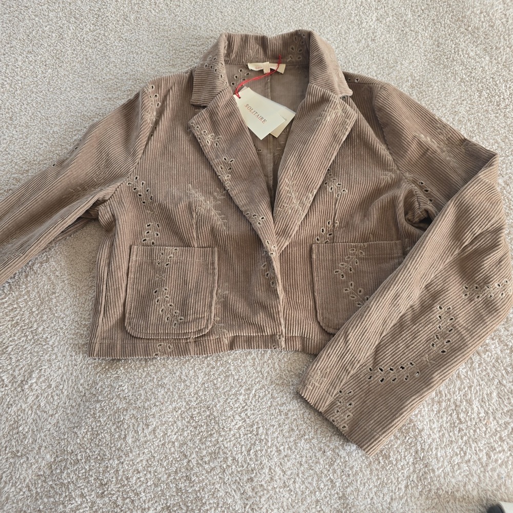 Solitaire Cropped Corduroy Jacket Blazer W/floral Eyelet Cutouts NWT Boho-chic S